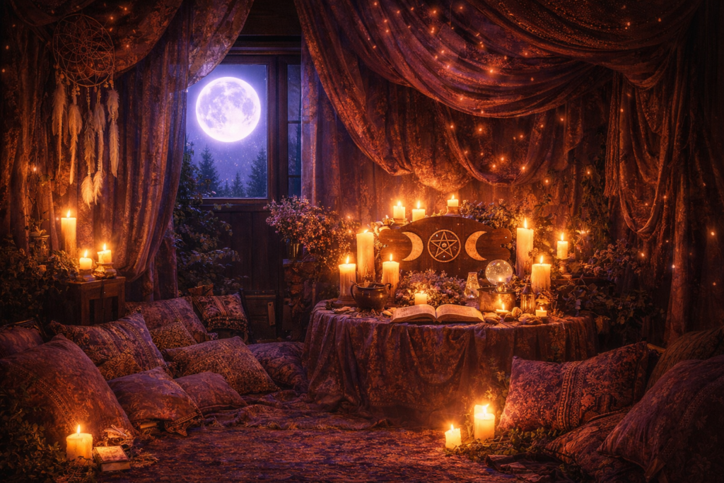 Spirituele meditatie ruimte met Wicca altaar en volle maan – Morgana Moon reflectiekaarten ritueel setting