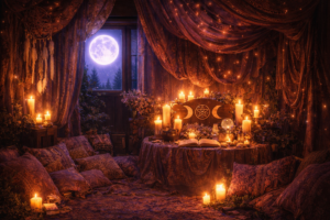 Spirituele meditatie ruimte met Wicca altaar en volle maan – Morgana Moon reflectiekaarten ritueel setting