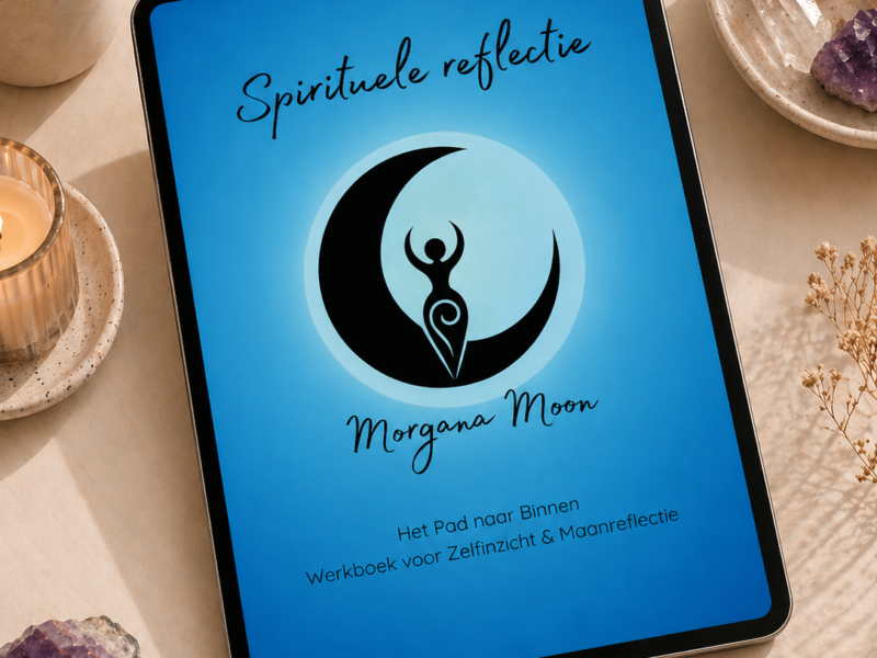 Digitaal zelfreflectie werkboek van Morgana Moon voor journaling, intuïtie en persoonlijke groei op tablet en laptop