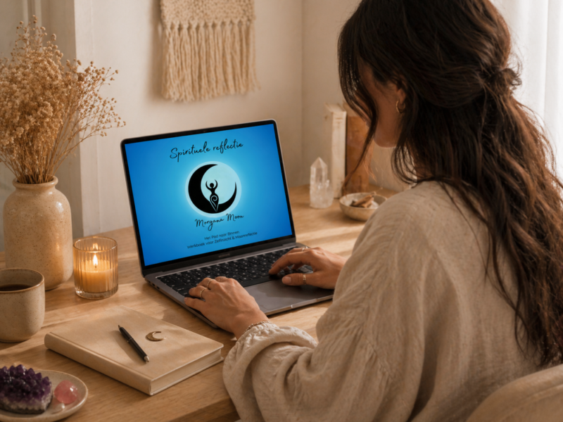 Vrouw werkt op laptop met digitaal werkboek van Morgana Moon voor zelfreflectie, journaling en spirituele groei