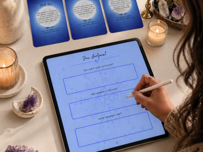 Vrouw gebruikt digitaal werkboek van Morgana Moon op tablet met reflectiekaarten, kaarsen en kristallen tijdens een rustgevend ritueel
