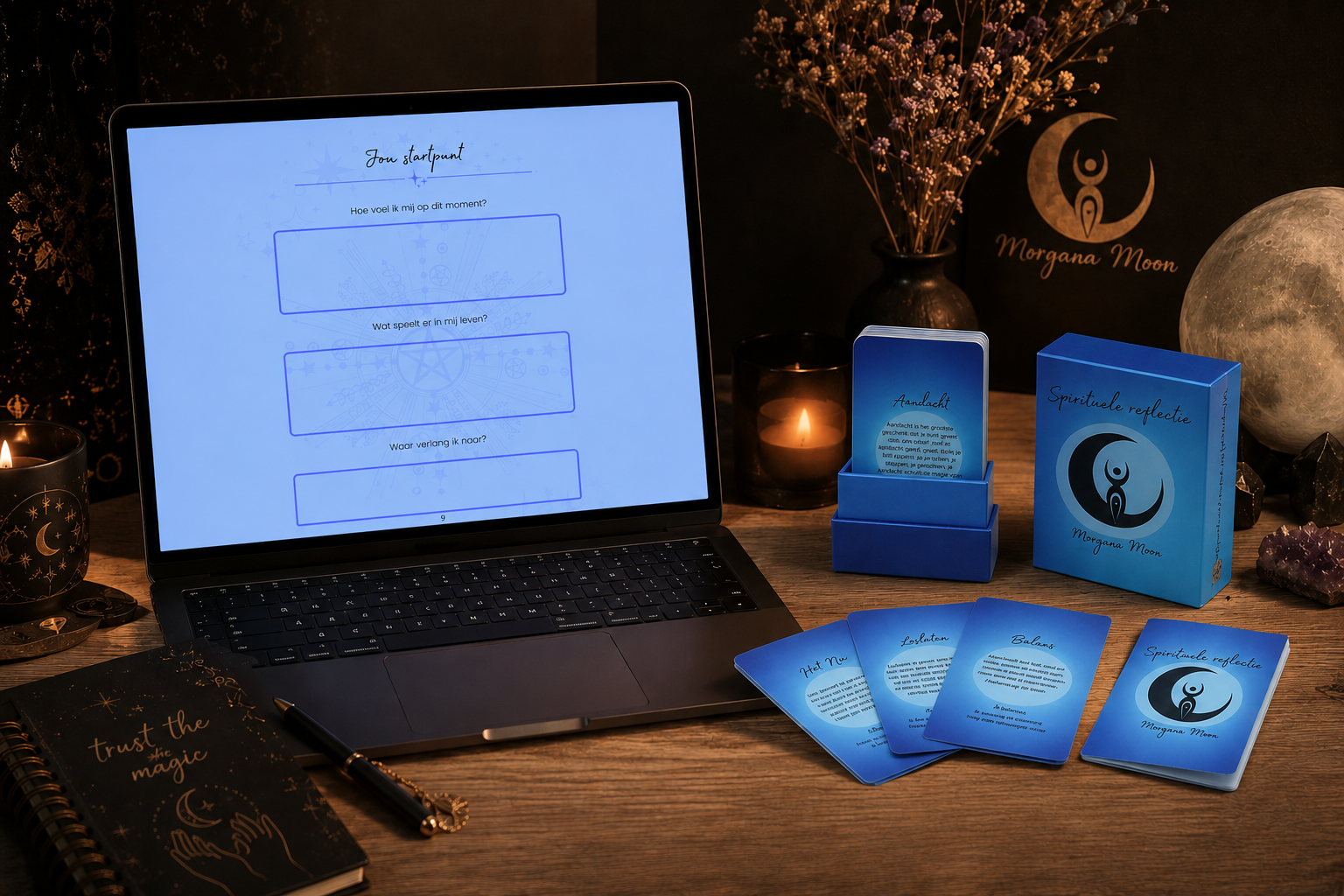 Spirituele Reflectie Bundel | Kaarten & Werkboek – Morgana Moon 1 Spirituele reflectie bundel van Morgana Moon met reflectiekaarten en digitaal werkboek op een mystiek bureau