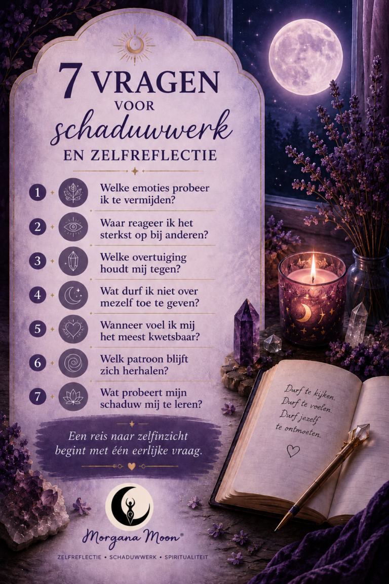 7 vragen voor schaduwwerk en zelfreflectie | Meer zelfinzicht en bewustwording 2 7 vragen voor schaduwwerk en zelfreflectie in een mystieke paarse setting met maanlicht, kristallen, kaarslicht en een open journal van Morgana Moon.