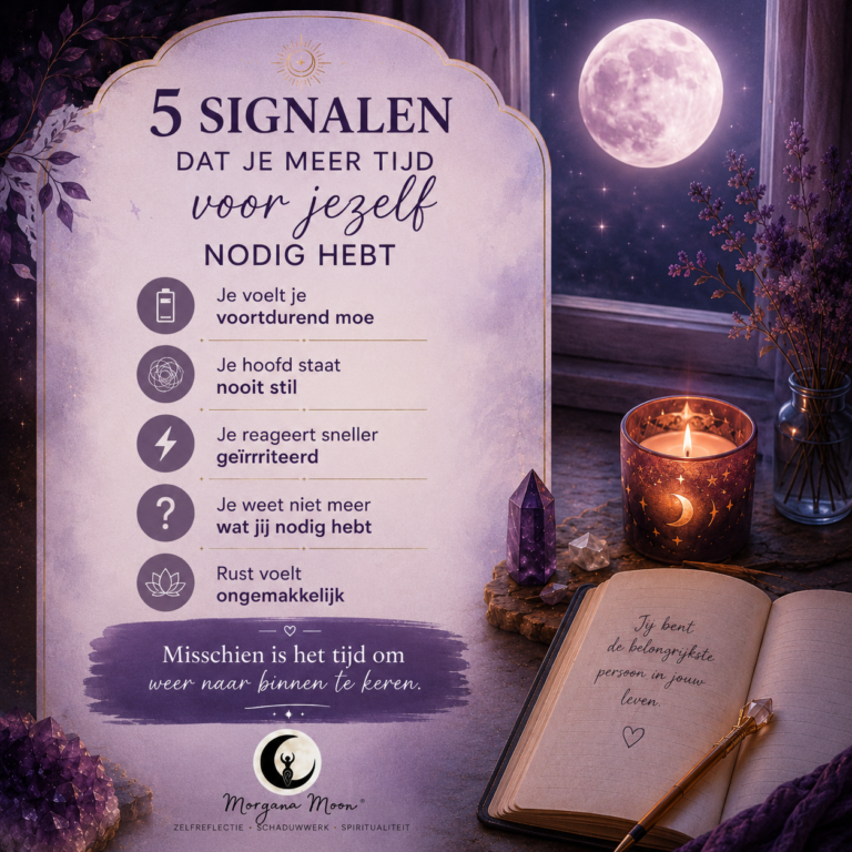 5 signalen dat je meer tijd voor jezelf nodig hebt 2 5 signalen dat je meer tijd voor jezelf nodig hebt – zelfreflectie, persoonlijke groei en innerlijke rust in een spirituele Morgana Moon setting.