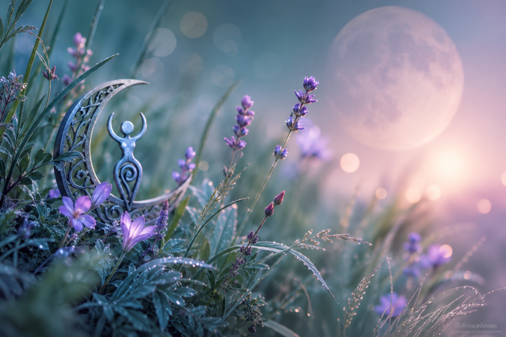 Een rustgevend natuurtafereel met bloemen en maanlicht dat de reis van zelfreflectie, schaduwwerk en persoonlijke groei symboliseert.
