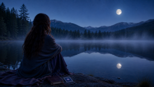 Vrouw zit in stilte aan een mistig meer onder de volle maan tijdens het blauwe uur, met een notitieboek en reflectiekaart voor een moment van zelfreflectie.