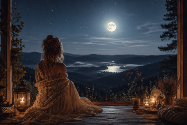 De wijsheid van de maan in het dagelijks leven 2 Vrouw kijkt onder het maanlicht uit over een rustig landschap en verbindt zich met de wijsheid van de maan en haar natuurlijke levensritme.